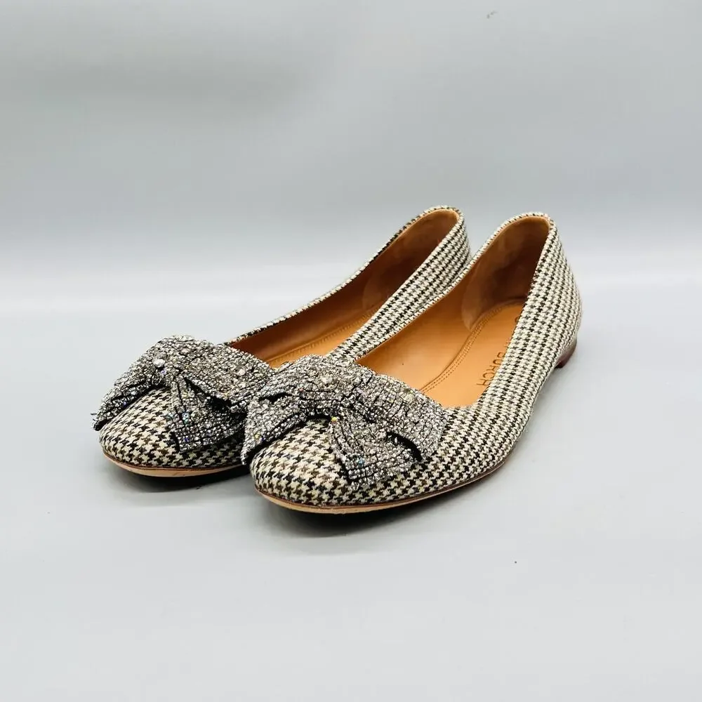 Tory Burch Shoes Womens 10 Beige Tweed Houndstooth Ballet Flats Slip On Bow